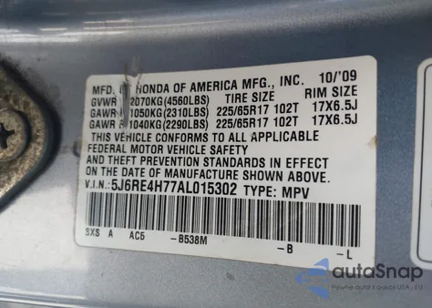 2010 Honda Cr-V Ex-L from USA, damaged, VIN 5J6RE4H77AL015302